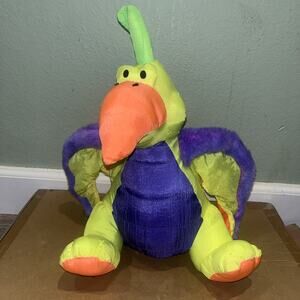 Vtg STUFFINS Dinos 16” DINOSAUR PTERODACTYL plush NEON nylon SQUEAKS Fuzzy Wings